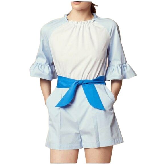 SANDRO Rosalyn colorblock pinstripe ruffle romper in blue sky Size 36 S 4 6 NEW - Picture 5 of 11